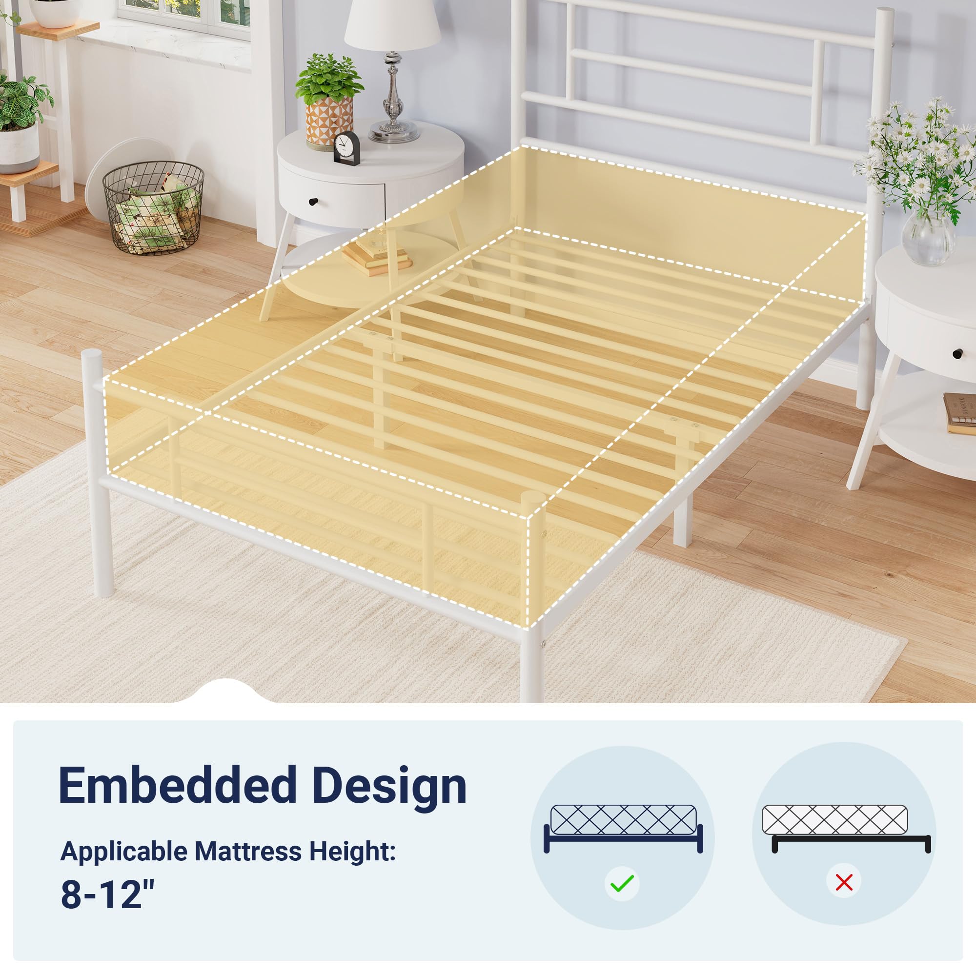 Allewie 14 Inch Queen Size Metal Platform Bed Frame with Headboard and Footboard, Underbed Storage, Strong Metal Slats Support, Mattress Foundation, No Box Spring Needed, Easy Assembly, White