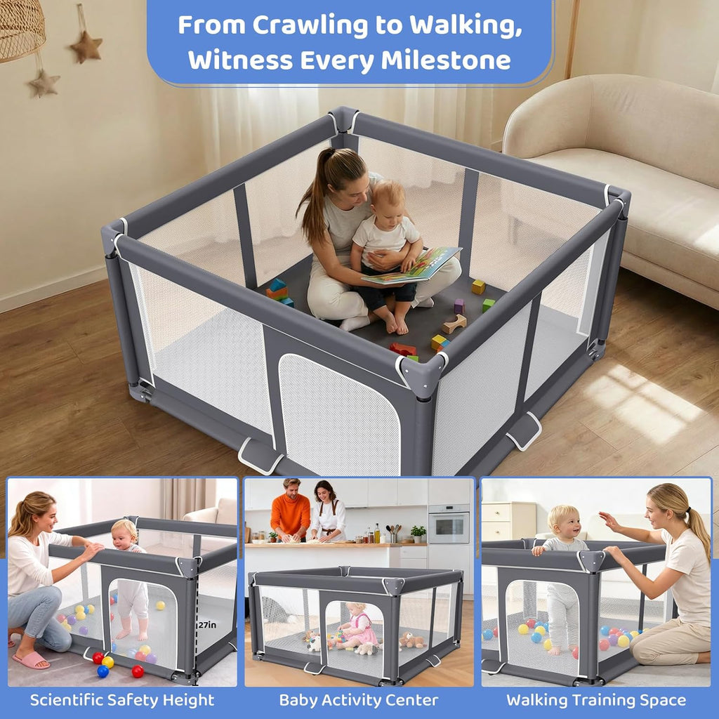 Skiennix Foldable Baby Playpen - 50"x50" Portable Safety Play Yard for Indoor & Outdoor Use - Dark Gray