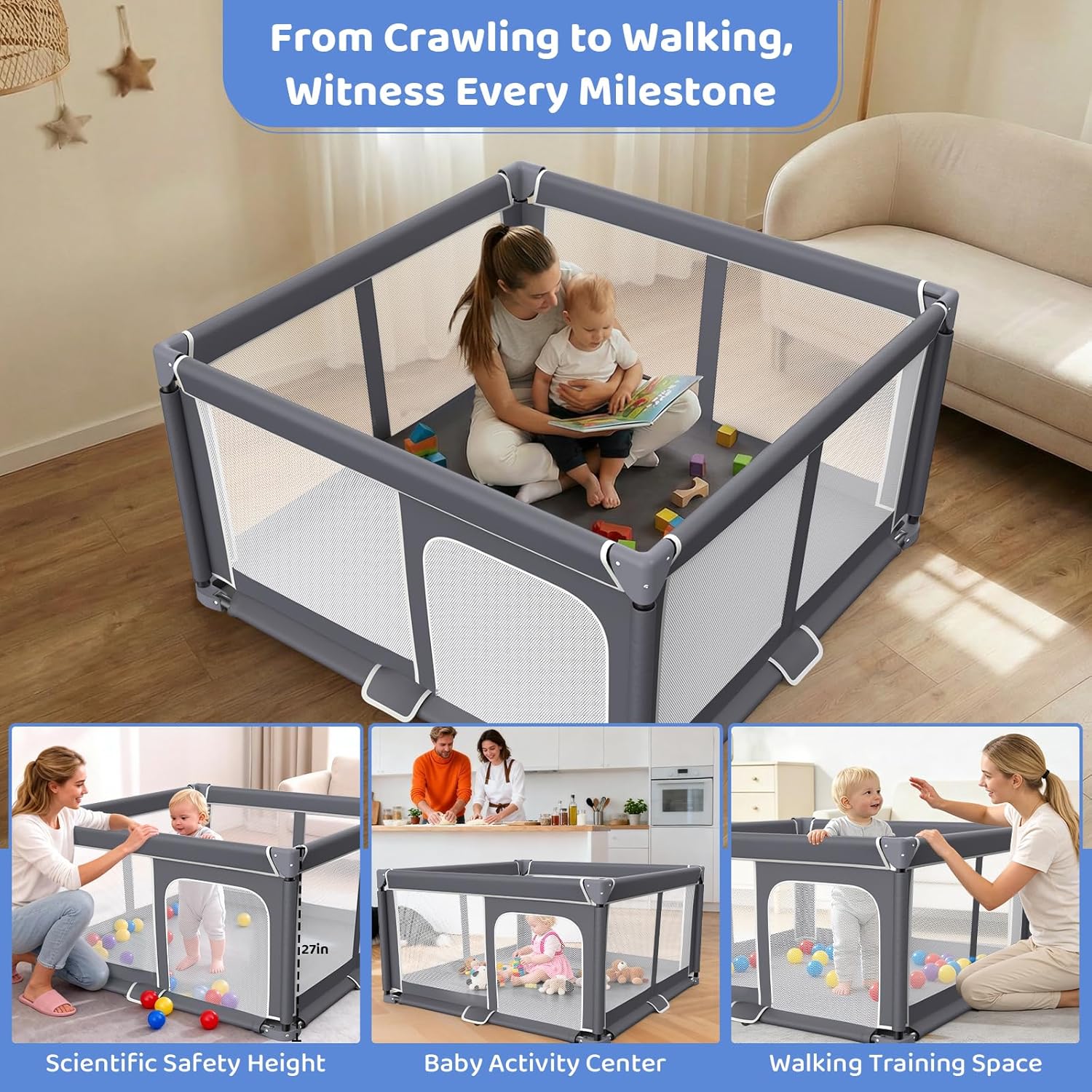 Skiennix Foldable Baby Playpen - 50"x50" Portable Safety Play Yard for Indoor & Outdoor Use - Dark Gray