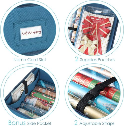 Hearth & Harbor Wrapping Paper Storage Container - Tear-Proof Christmas Bag for 36 Rolls - Blue