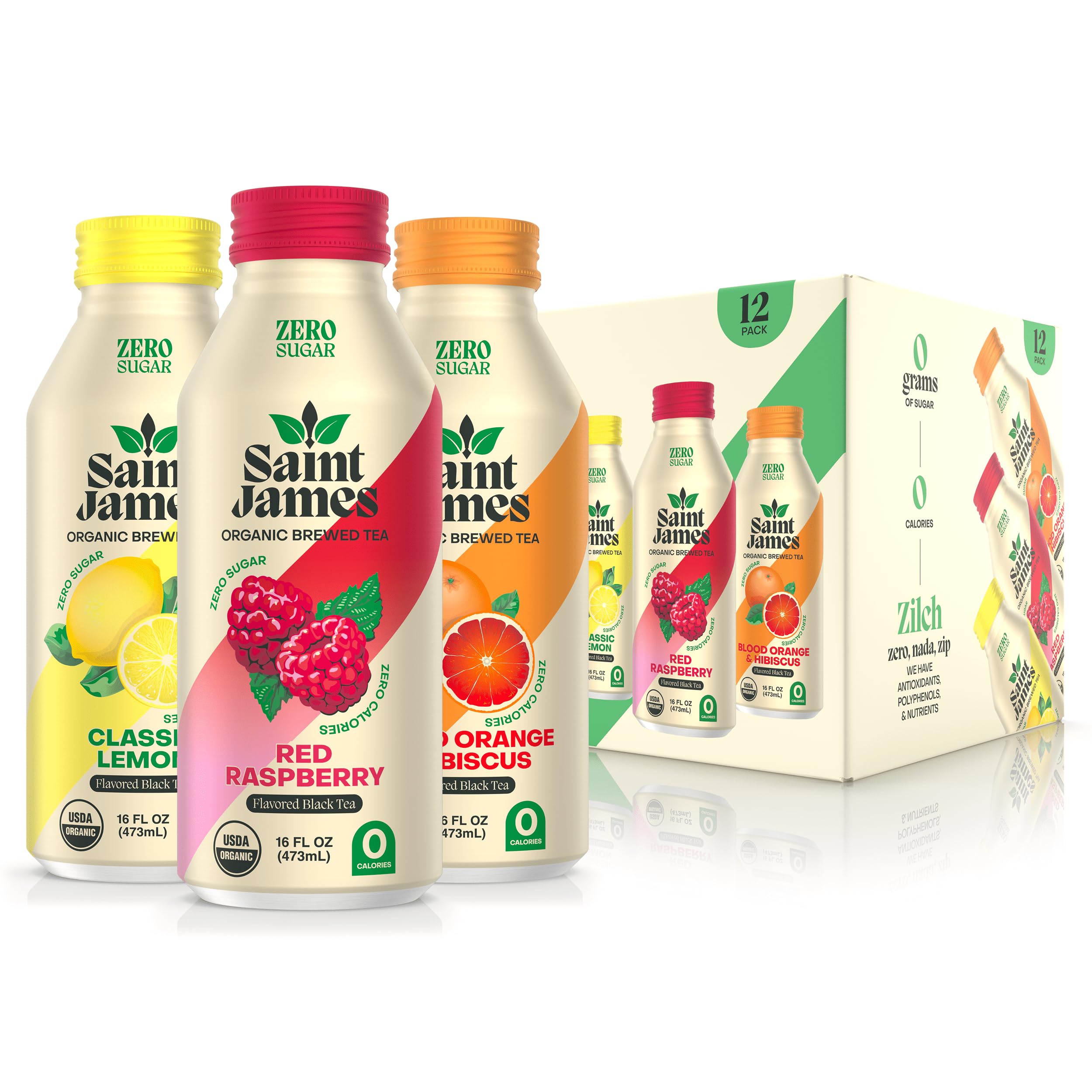 Saint James Iced Tea - Organic Black Tea - Non GMO, Gluten Free, Zero Calorie & Zero Sugar - Variety Black Tea Flavors, 12 Pack (16 fl oz each)