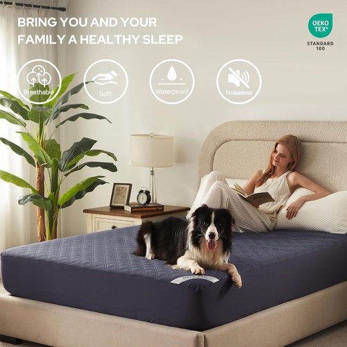 BEDLORE Waterproof Mattress Protector - Noiseless Queen Size Pad with Deep Pocket (6"-18" Depth) | Soft, Breathable, Washable Cover (Navy Blue)