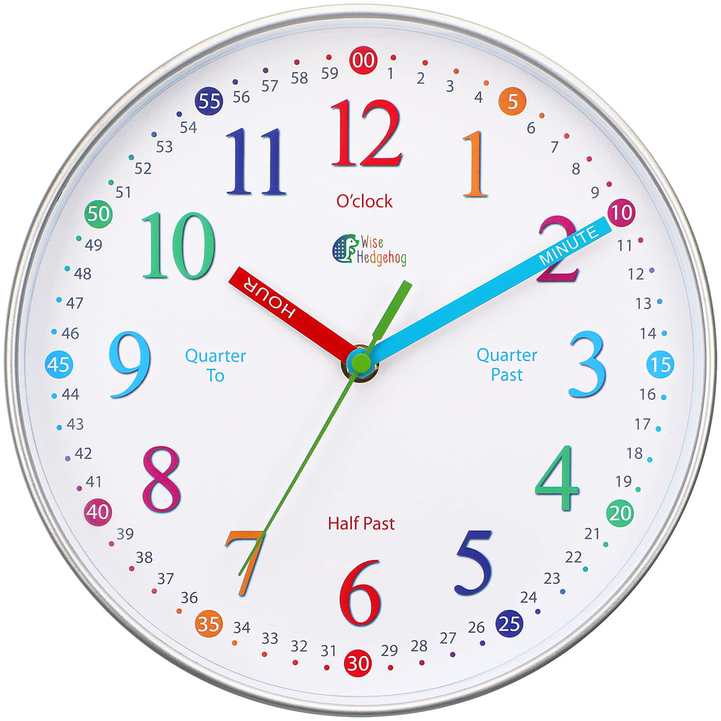 WISE HEDGEHOG Learning Clock for Kids, Silent Non Ticking, Telling Time Teaching Clock, Room Wall Decor for Bedrooms, Analog Kids Clock for Teaching Time, Kids Learn to Tell Time Easily