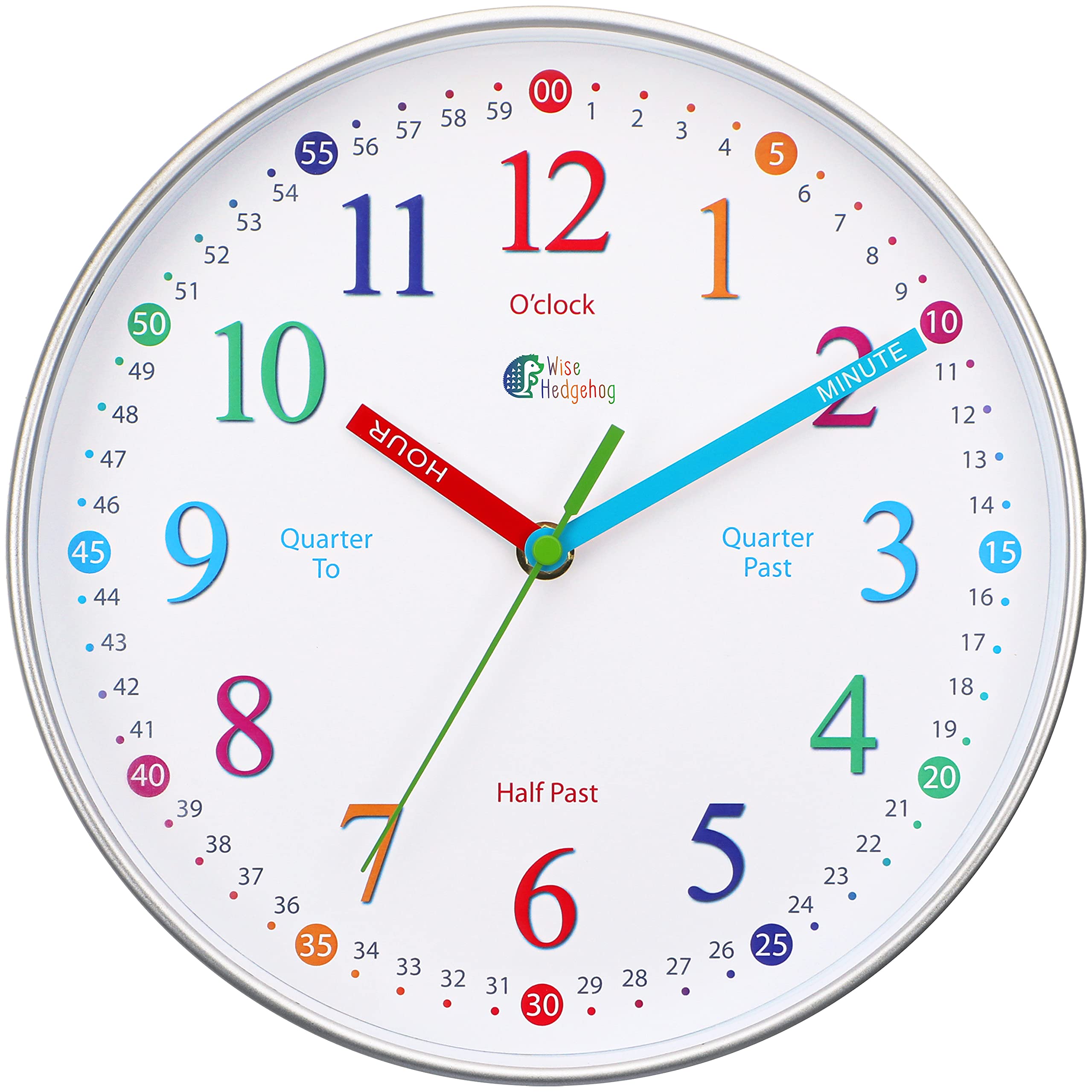 WISE HEDGEHOG Learning Clock for Kids, Silent Non Ticking, Telling Time Teaching Clock, Room Wall Decor for Bedrooms, Analog Kids Clock for Teaching Time, Kids Learn to Tell Time Easily