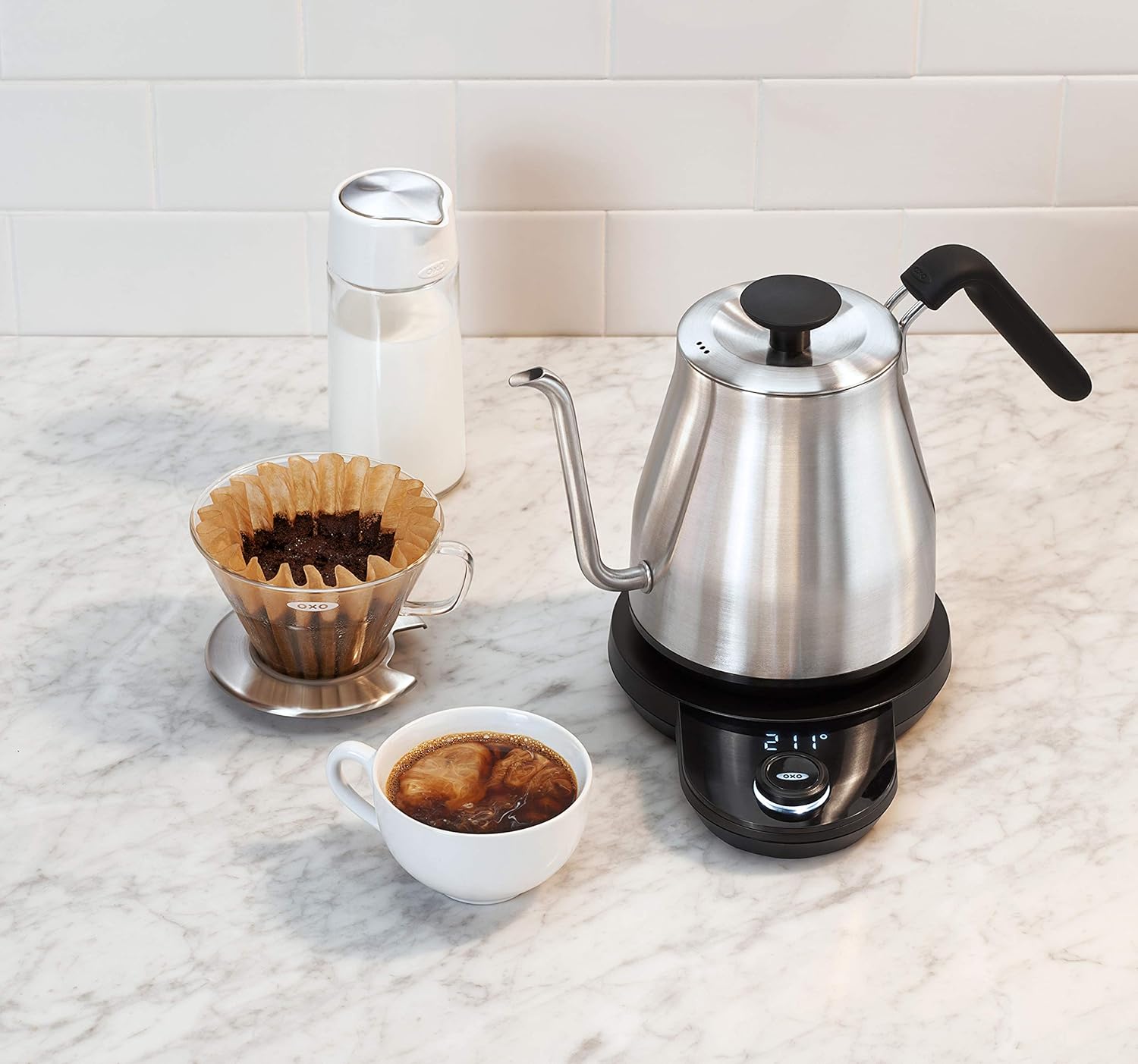OXO Brew Gooseneck Electric Kettle - Adjustable Temperature Hot Water Kettle for Pour Over Coffee & Tea, 1L Stainless Steel