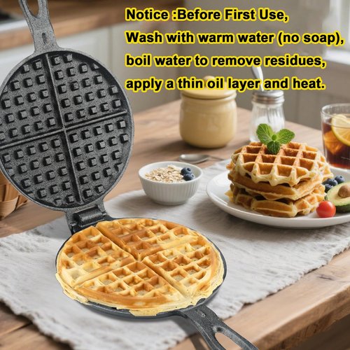 Cast Iron Waffle Maker for Stovetop or Camping Grill Two Piece Hinged Non Electric Waffle Iron Makes 7" Round Waffles