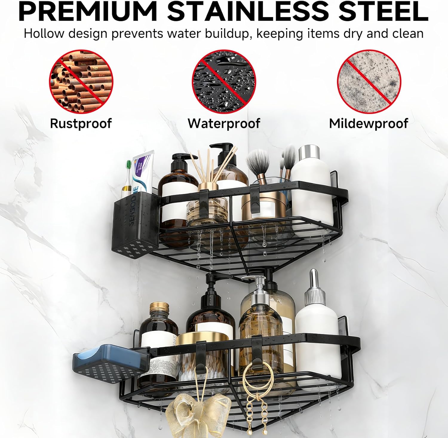 Skiennix Corner Shower Caddy - 5-Pack Adhesive Organizer Shelves | No-Drill Stainless Steel Storage Rack (Black)