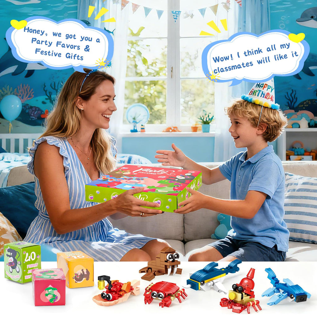 Giveuplay 24 Packs Party Favors for Kids, Ocean Mini Animals Toy Building Block Set for Easter Valentines Day Classroom Prizes Goodie Bag Stuffers Birthday Gifts for Boys Girls Ages 6-12+