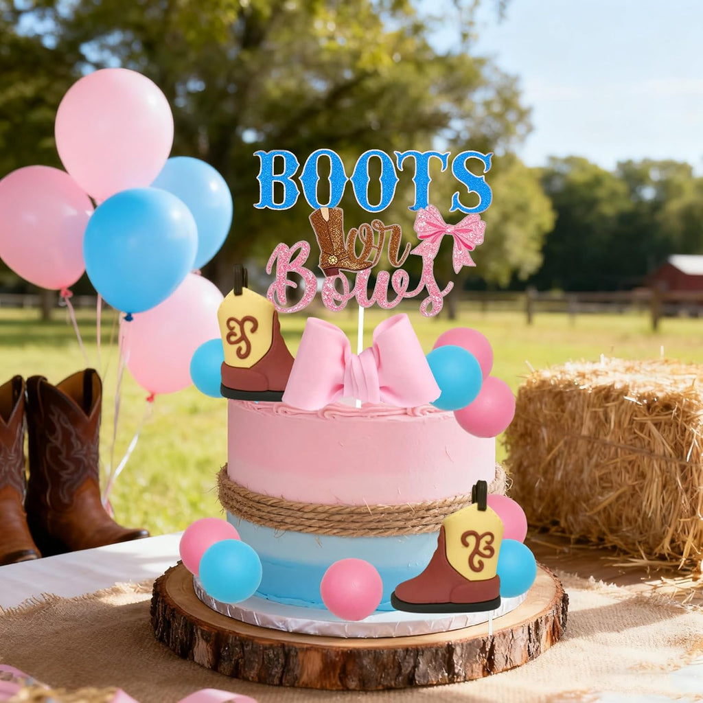 Skiennix Gender Reveal Cake Decorations - Acrylic Boots & Bows Toppers Set for Baby Shower