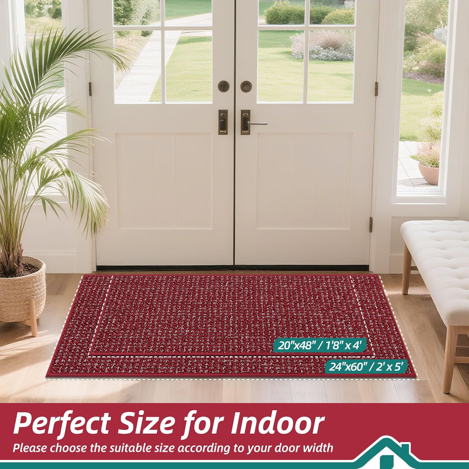 BEQHAUSE Dirt Trapper Door Mat - Non-Slip, Washable, Dirt Resistant | 20" x 48", Red Entryway Mat