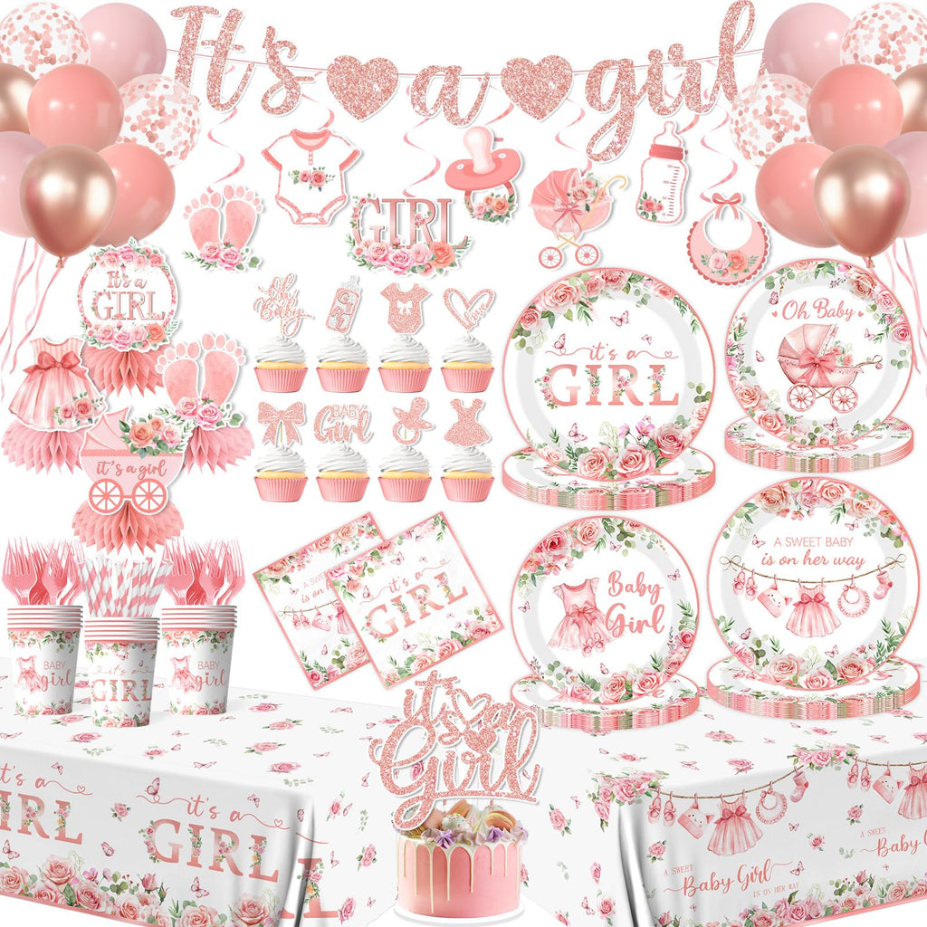 Its a Girl Baby Shower Decorations, Pink Floral Baby Shower Decorations for Girl Include Plates,Napkins,Banner,Balloons,Tablecloth,Cups,Hanging Swirl,Cake Topper,Honeycomb for Baby Girl Party Decor