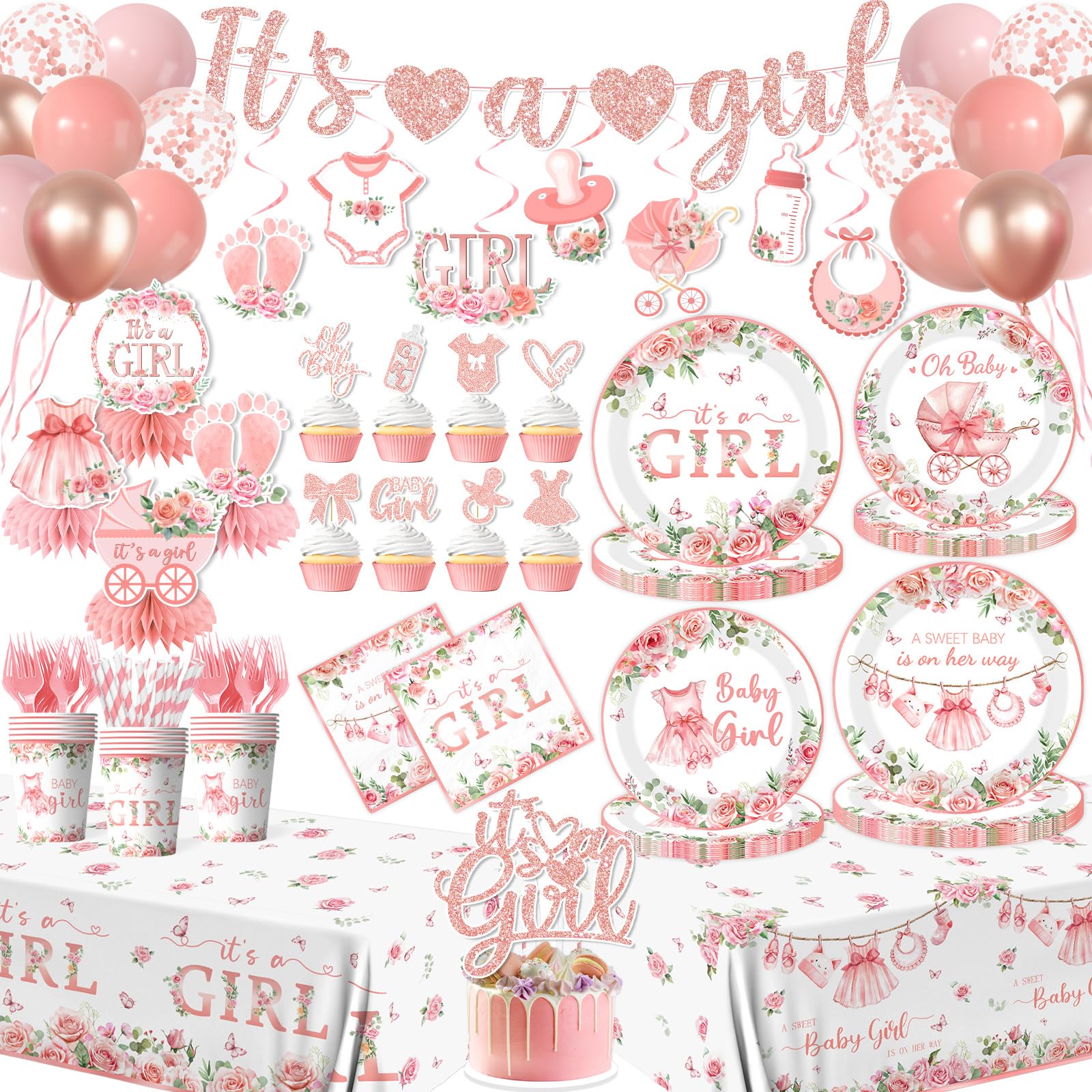 Its a Girl Baby Shower Decorations, Pink Floral Baby Shower Decorations for Girl Include Plates,Napkins,Banner,Balloons,Tablecloth,Cups,Hanging Swirl,Cake Topper,Honeycomb for Baby Girl Party Decor