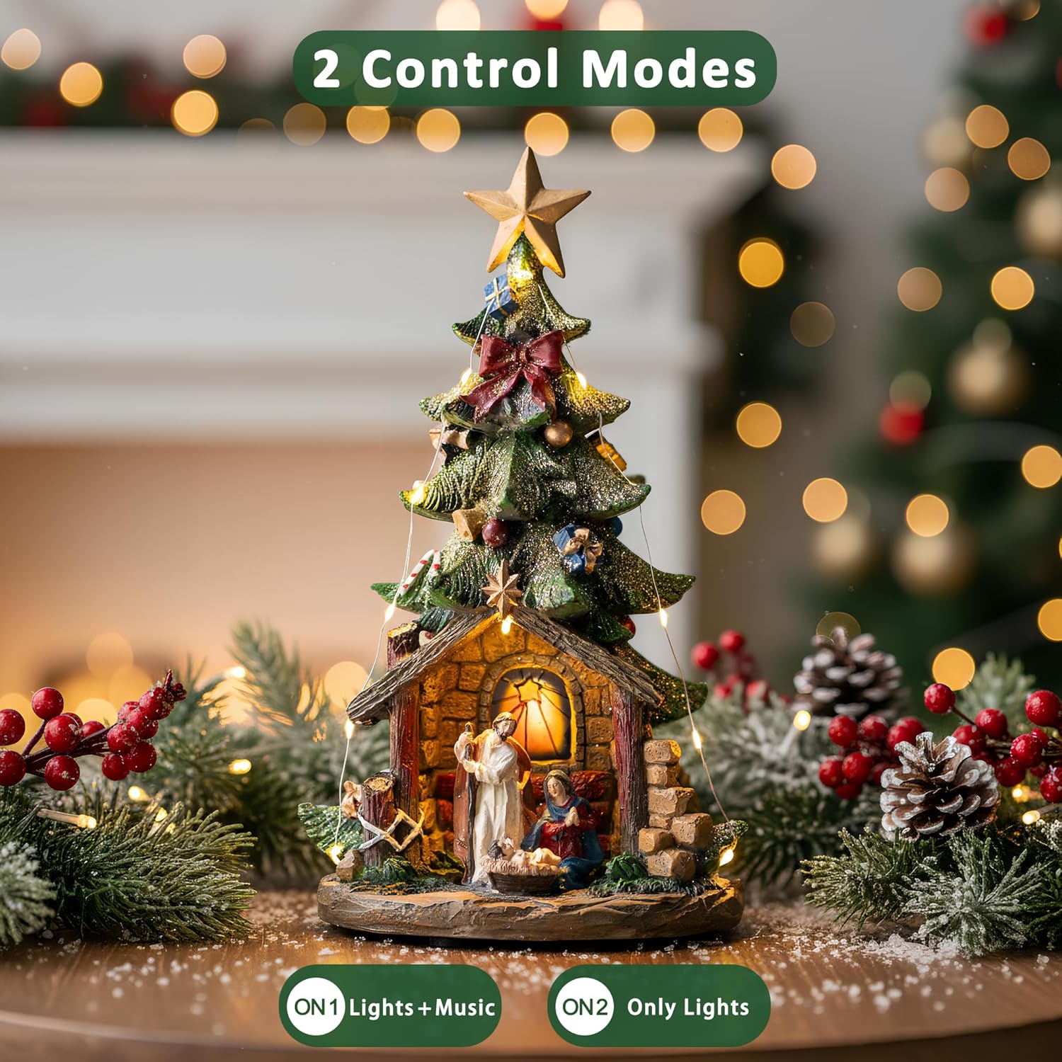 VISFLAIR 12'' Lighted Christmas Tree Nativity Scene - Musical Holy Family Figurines with LED Lights