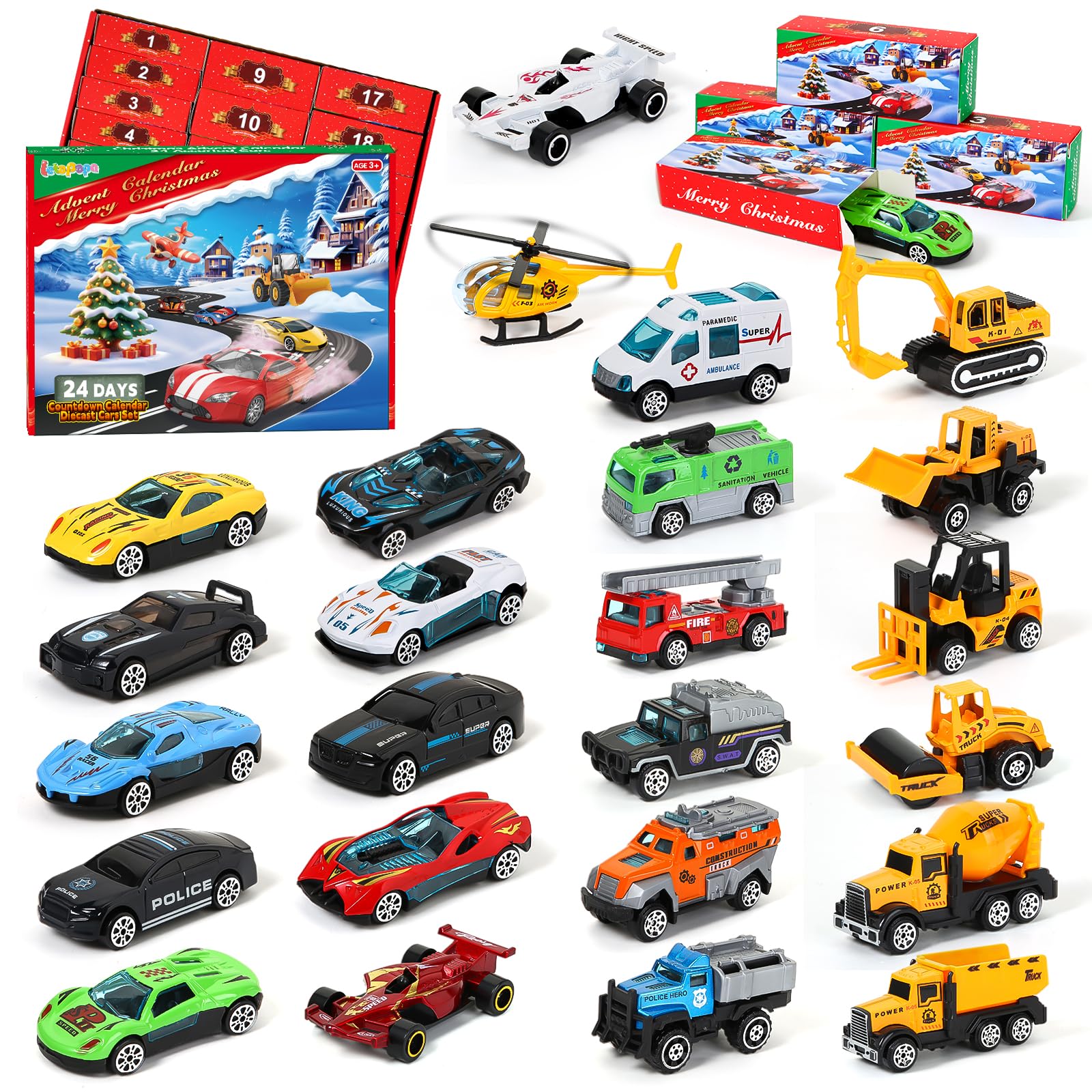 Advent Calendar 2025 for Kids, 24 Days Christmas Countdown Calendar with Die-cast Cars for Toddler Boys, Christmas Advent Calendars Cars Set, Classroom Prizes Xmas Holiday Party Favor Gift for Kids