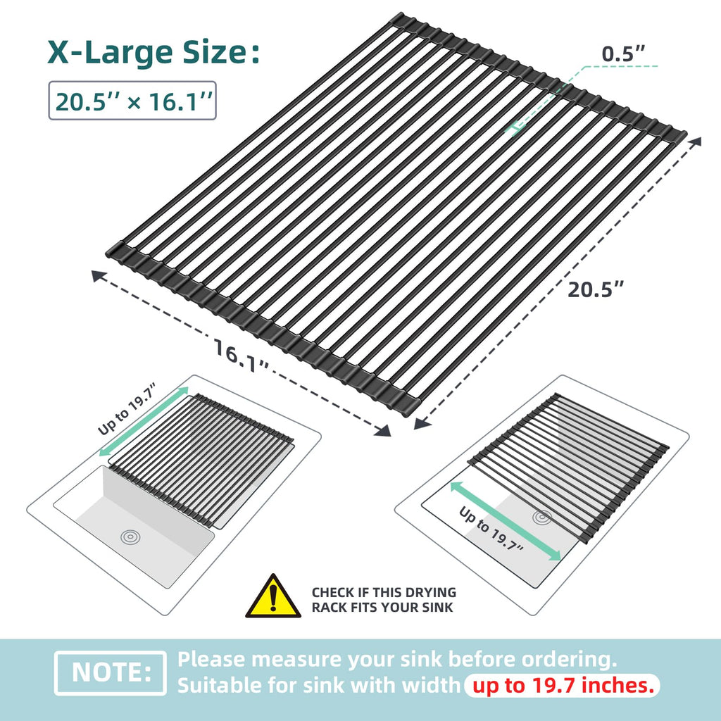 Ohuhu Sink Drying Rack, 20.5" W x 16.1" L Over Sink Roll-Up Dish Drainer - Rolling Foldable Accessories Heat-Resistant Mat Anti-Slip Silicone Coated Multipurpose for Kitchen Counter