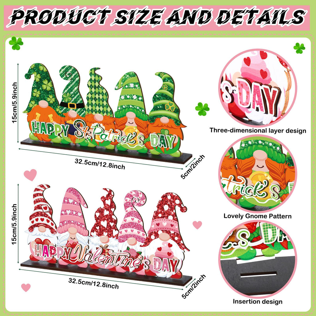 Valentine's Day and St. Patrick's Day Reversible Gnome Wood Signs Double Sided Valentines St. Patrick's Theme Wooden Standing Blocks Decoration Gnome Table Centerpiece for Home(Classic)