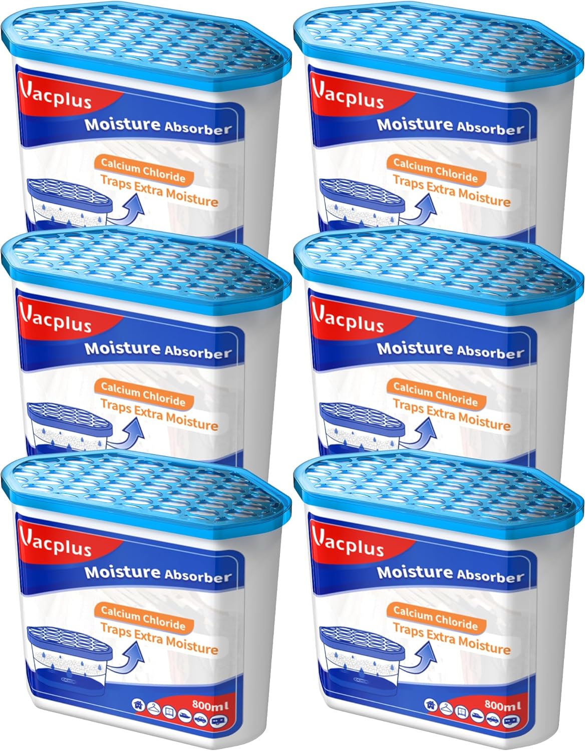 Vacplus Moisture Absorbers - 6 Pack Portable Humidity Dehumidifiers for Bathroom, Closet & Car | Fragrance-Free, 16 Oz