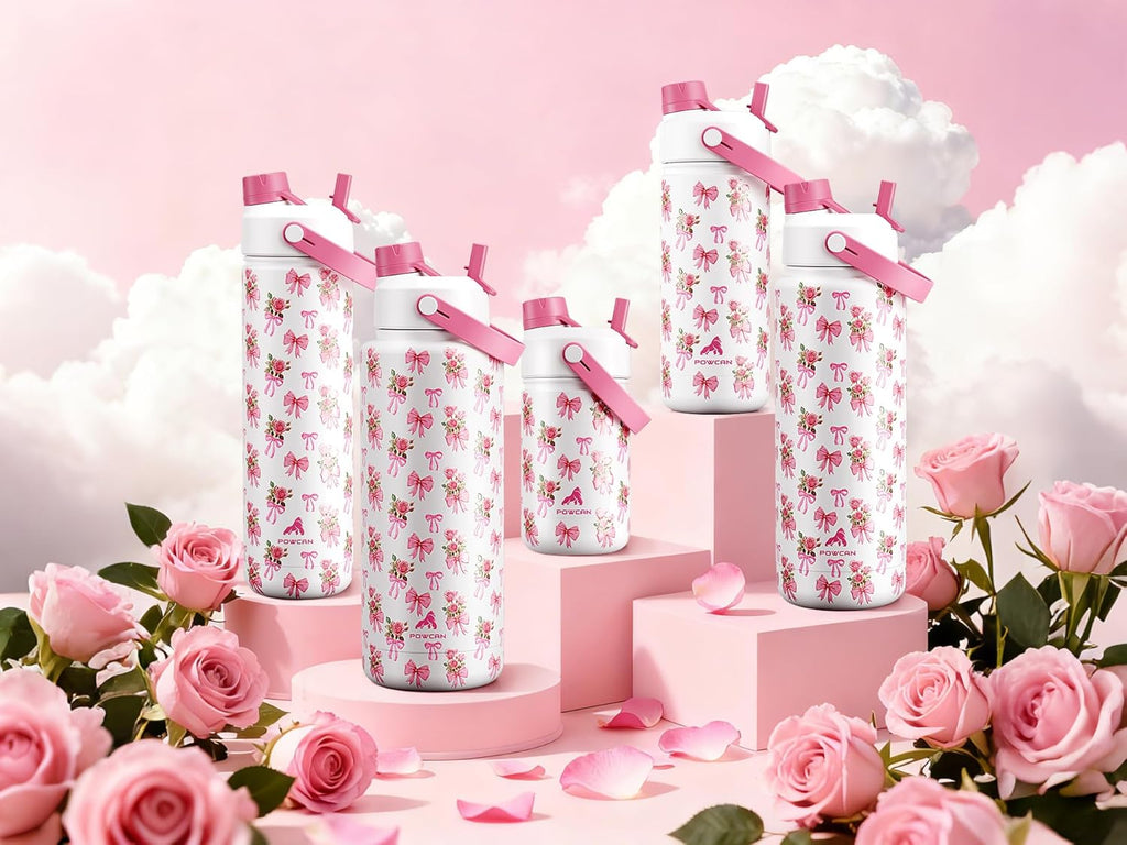 POWCAN 32 oz Insulated Water Bottle - 2-in-1 Straw & Spout Lid, Leak-Proof, BPA-Free | Rosy Bouquet