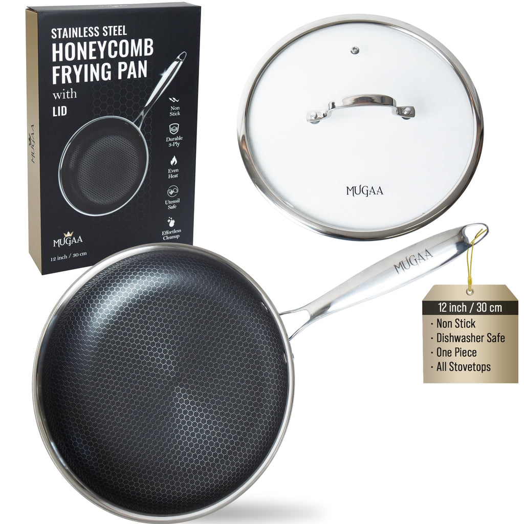 MUGAA 12 Inch Stainless Steel Frying Pan with Lid - Honeycomb Nonstick Skillet - PFOA-Free - Induction Compatible - Oven Safe to 450°F - Dishwasher Safe