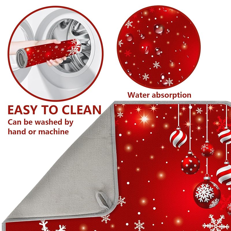 Christmas Dish Drying Mat 18 x 24 Inch - Red Snowflake Ball Absorbent Kitchen Counter Mat