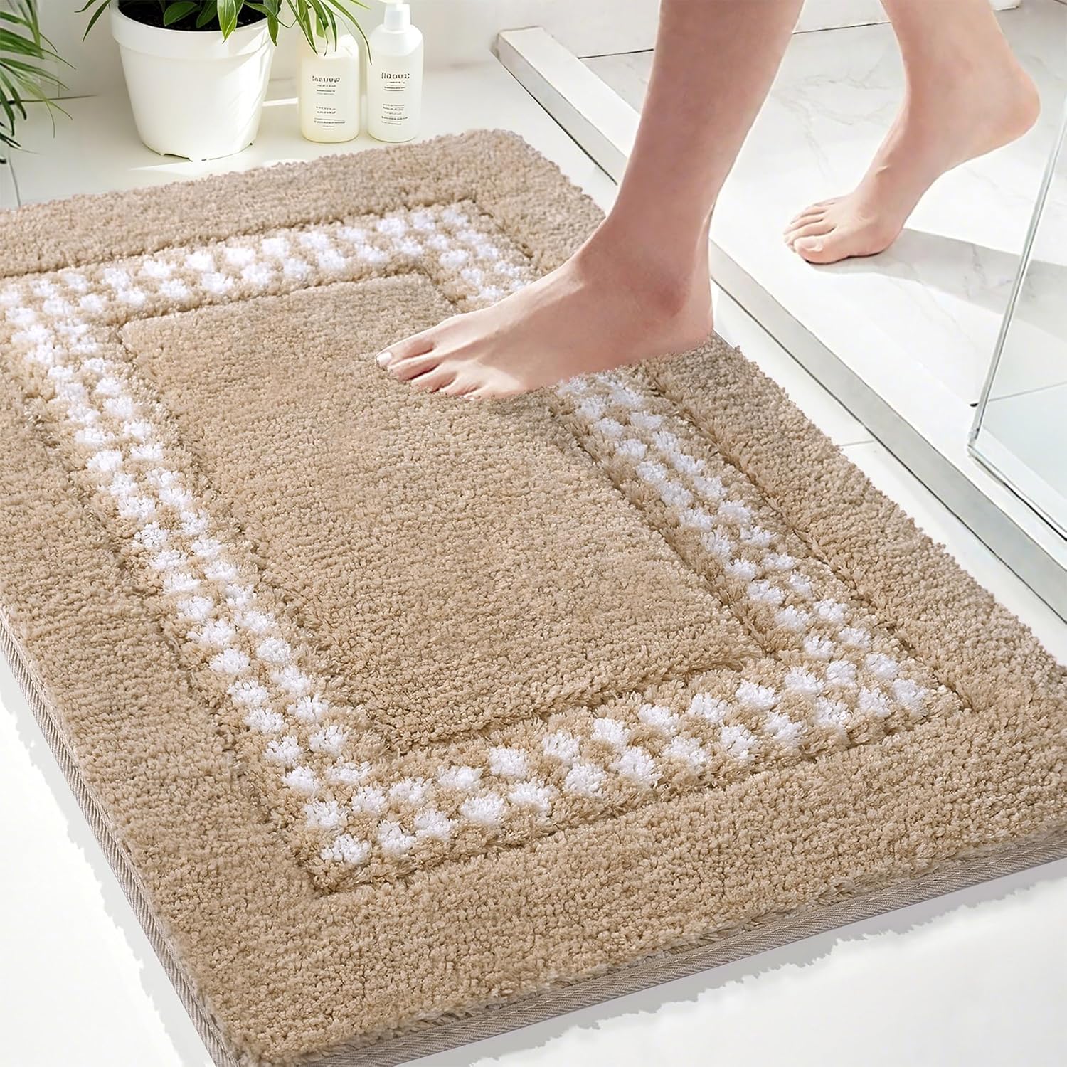 Skiennix Beige Bathroom Rugs - Non-Slip Washable Microfiber Mats | Plush & Absorbent 20x31 Inches