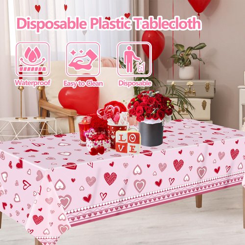 DUYIY Valentine's Day Table Cover 3 Pcs Pink Heart Print Tablecloth for Home Kitchen Dining Party Decor, Holiday Celebration, 54" x 108"
