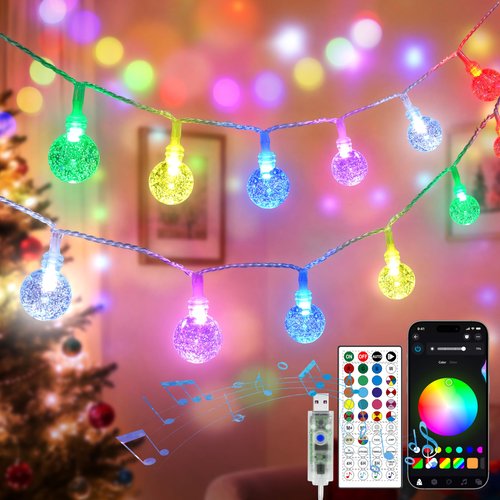 OMIKA 33FT 60LED Color Changing String Lights, APP Control Fairy Lights with Remote, Indoor Globe String Lights, Music Sync for Girl Gift Bedroom Tent Wedding Christmas Tree