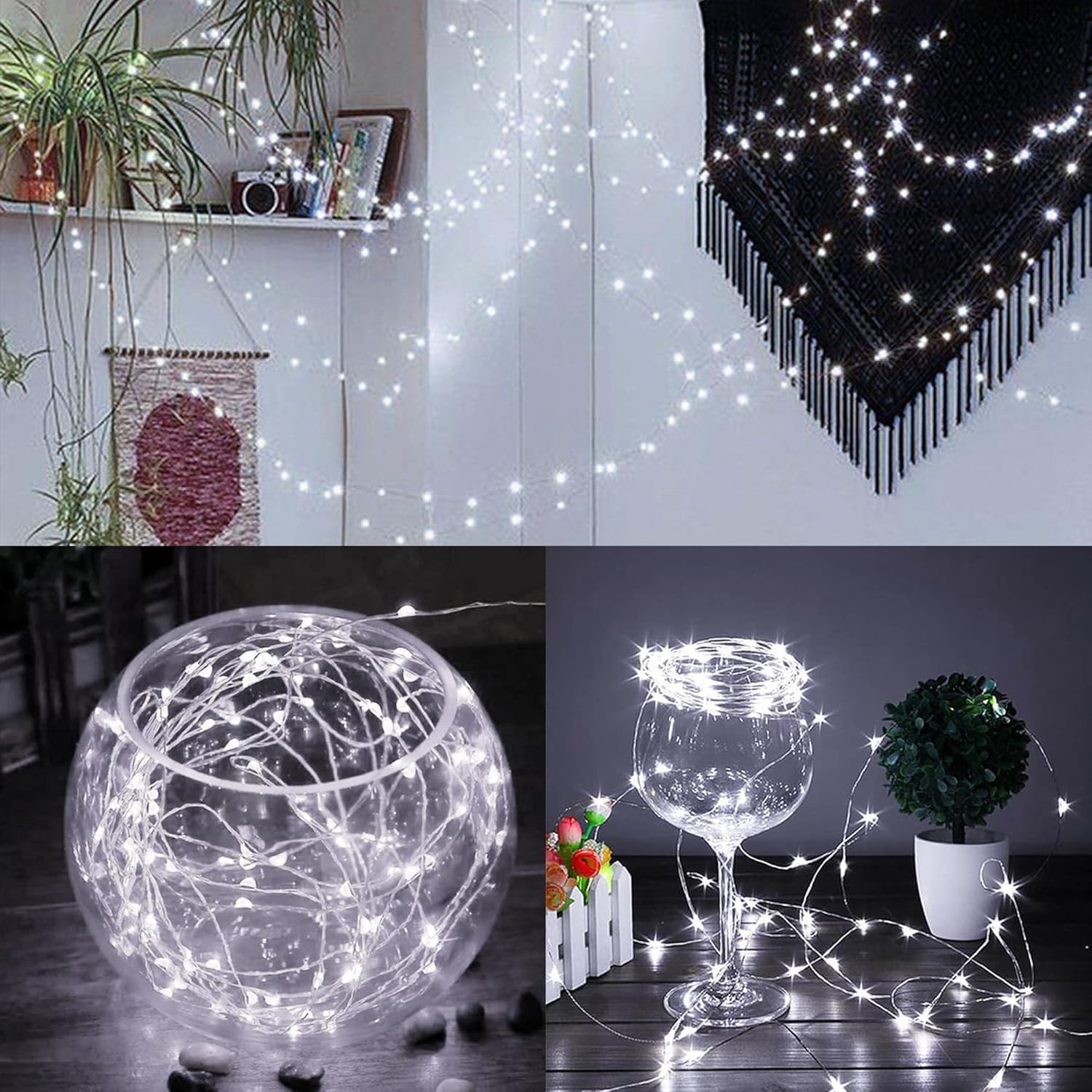 WATERGLIDE Mini String Lights - 24 Pack Battery Operated 7 ft Waterproof Silver Wire | Cool White LED Fairy Lights for Wedding & Party Decor