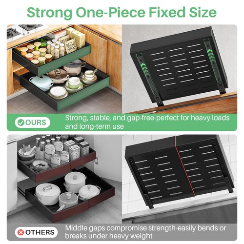 Kitstorack 2Pack Pull out Cabinet Organizer, 21" Deep, Heavy Duty Full-extension Slide out Drawers for Kitchen Cabinet, Roll out Shelf Storage with Nano Adhesive for Pots, Bathroom, Pantry,Home,Black