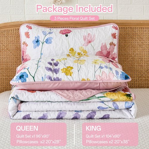 Anibedding Queen Quilt Set, Reversible Pink Floral Bedspread Soft Microfiber Lightweight Queen Size Quilt Bedding Sets Flower Coverlet for All Season(Queen, 96"x90")