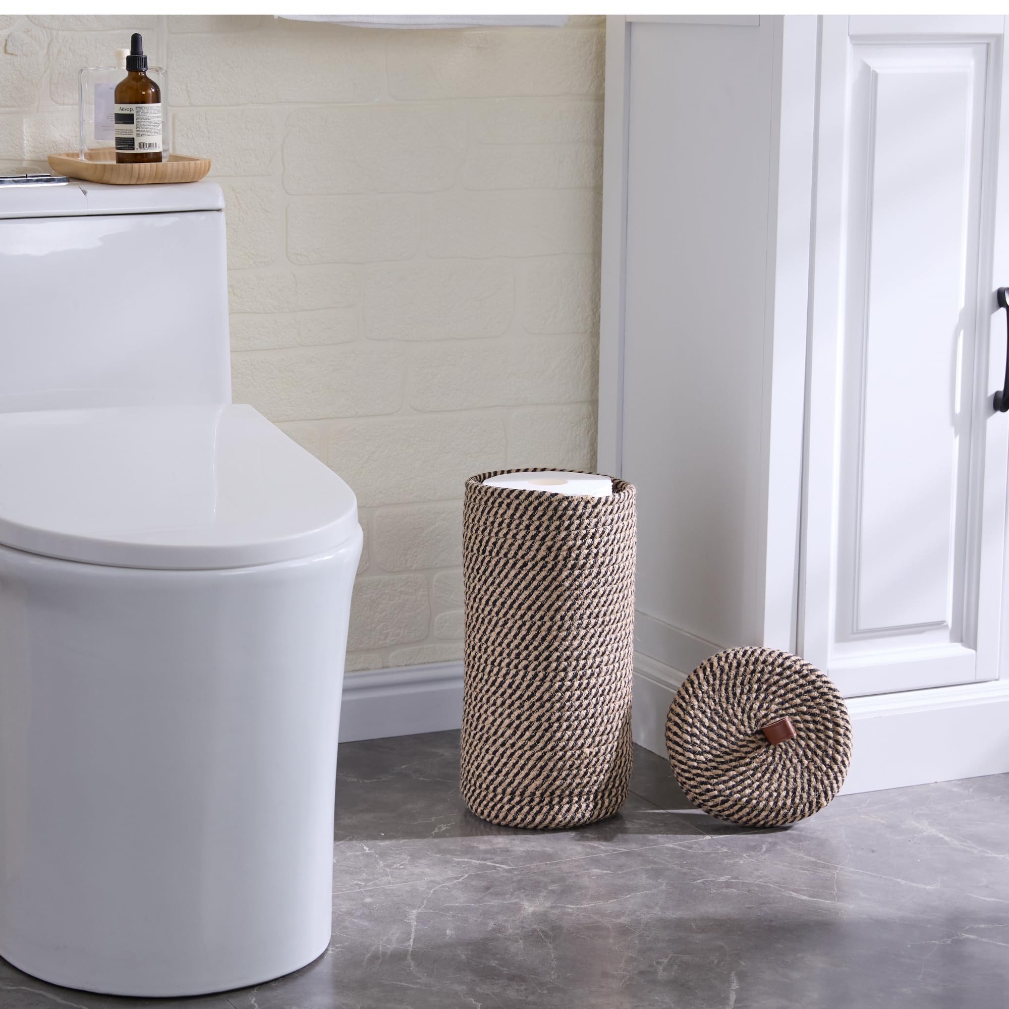 Toilet Paper Holder, Boho Decor Toilet Paper Storage Stand for Bathroom,Cotton Handmade Woven Paper Basket for Mega Roll,3 Rolls of Toilet Tissue Storage (Black)
