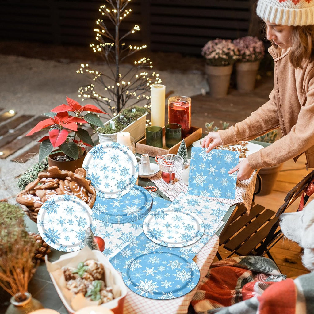 Skiennix Winter Snowflake Party Set - 142 Pcs Paper Plates, Napkins, Cups & Tablecloth | Blue & White