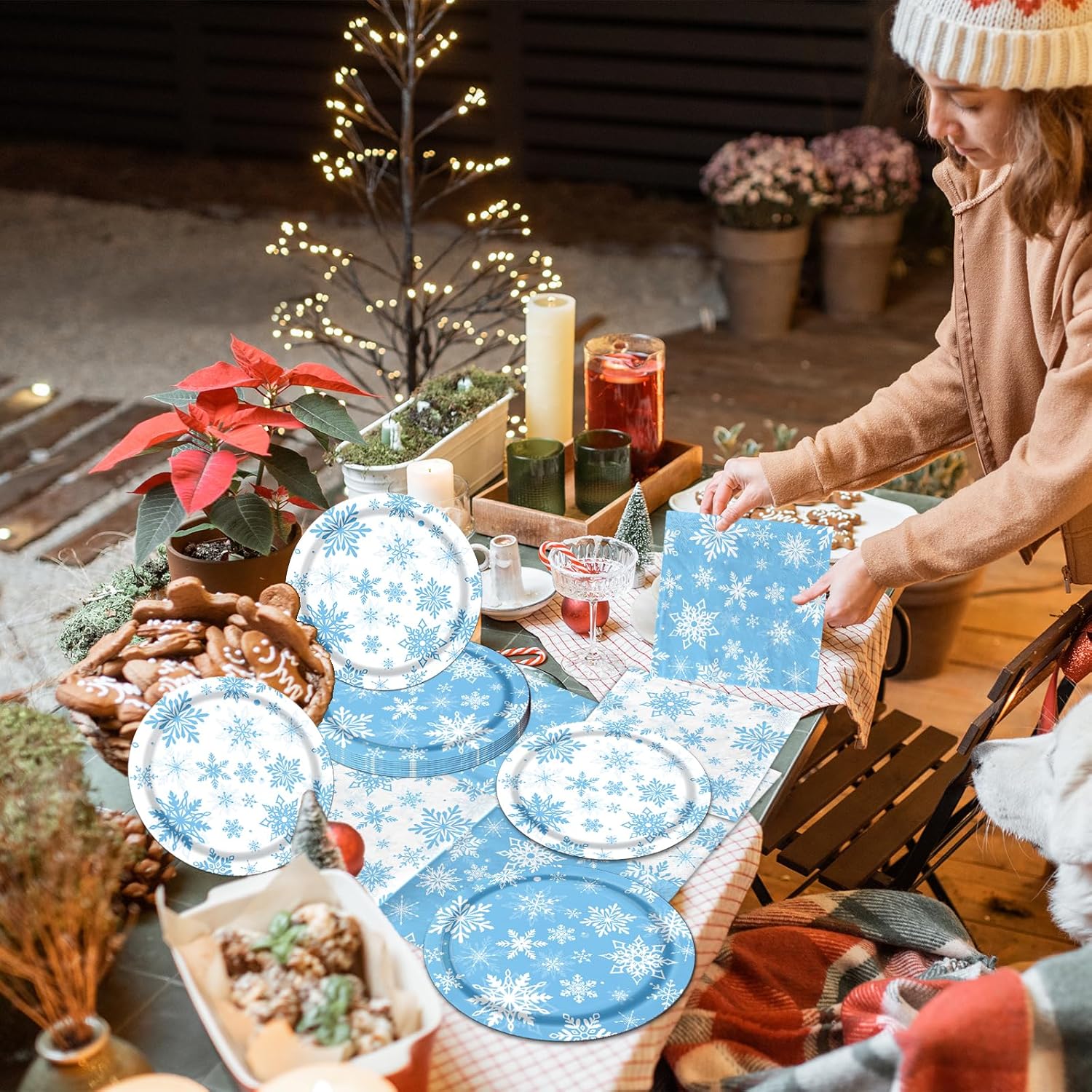 Skiennix Winter Snowflake Party Set - 142 Pcs Paper Plates, Napkins, Cups & Tablecloth | Blue & White