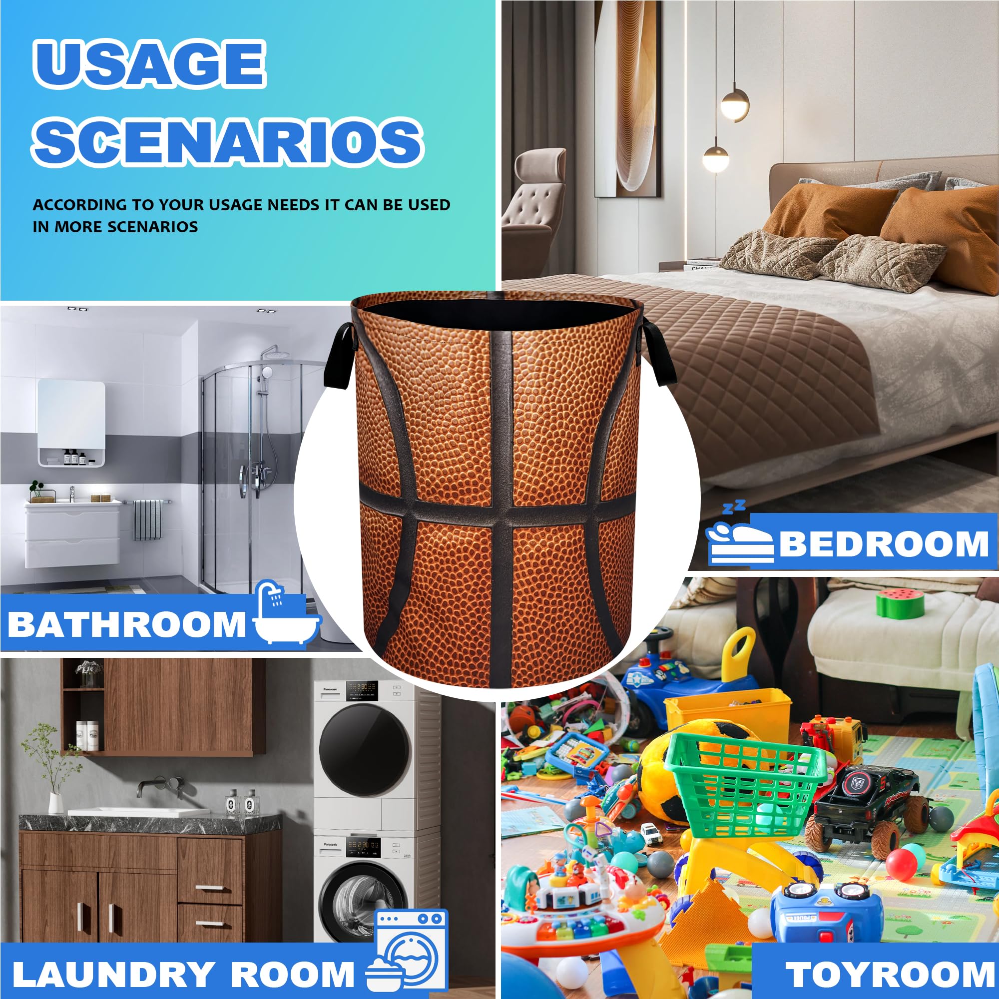 Basketball Laundry Basket Ball Texture Oxford Cloth Laundry Hamper With Handle Foldable Portable Clothes Storage Basket 18.9 X 16.5 Inch Storage Bag For Laundry Room/Bathroom/Bedroom/Dormitories