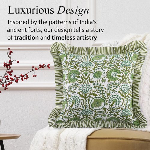 CPC Ruffle Throw Pillow Covers - 100% Cotton Boho Design in Agate Green | 16"x16" | Set of 2 for Living Room & Bedroom