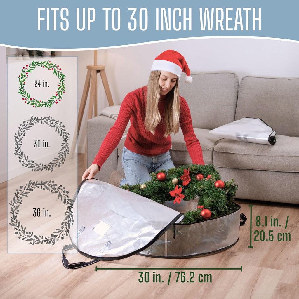 VENO Wreath Storage Container - Heavy Duty 30 Inch Clear Bag with Wall Hanging Handles | 4 Pack