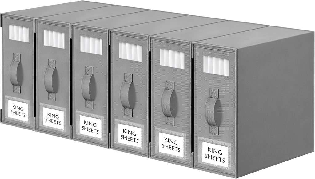 Criusia Bed Sheet Organizers - 6 Pack Foldable Linen Storage Box for King/Queen Bedding Sets | Grey