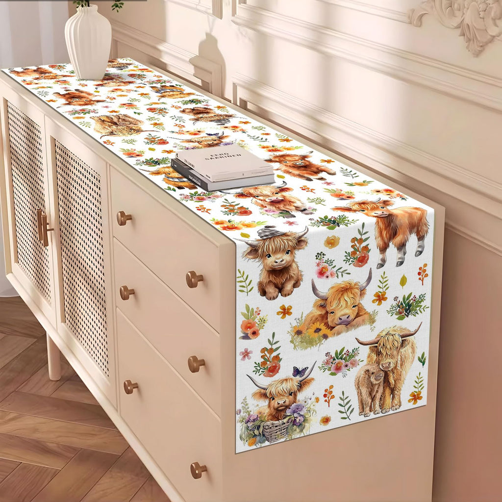 Heyfary Highland Cow Table Runner Spring Summer Fall Cowgirl Cowboy Floral Western Birthday Party Decorations Home Kitchen Dining Room Table Decor