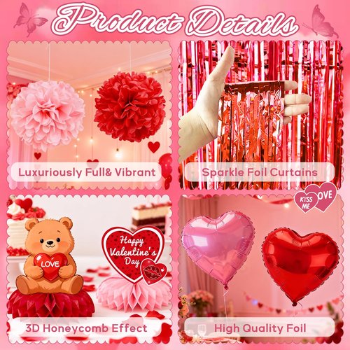 Valentines Day Decor Kit, Happy Anniversary Decorations with I Love You Balloons 1000Pcs Silk Red Rose Petals Romantic Heart Balloon for Wedding Anniversary Valentines Day Decorations
