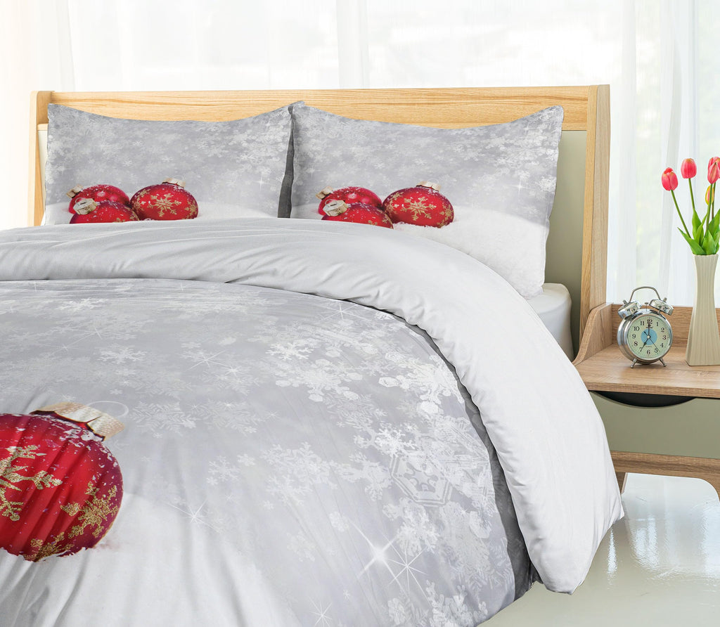 Ambesonne Christmas Duvet Cover Set, Xmas Baubles on Snow with Snowflakes Ice Holiday Humanitarian Artwork Illustration, Decorative 3 Piece Bedding Set with 2 Pillow Shams, Queen Size, White Red
