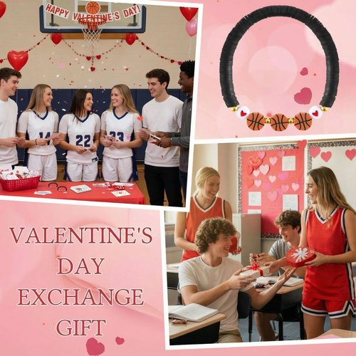 Hinly 36 Set Valentine's Day Basketball Gift for Team Basketball Bead Bracelets with Valentine's Day Cards Novelty Exchange Gifts Sports Party Favors for Team Lovers Players