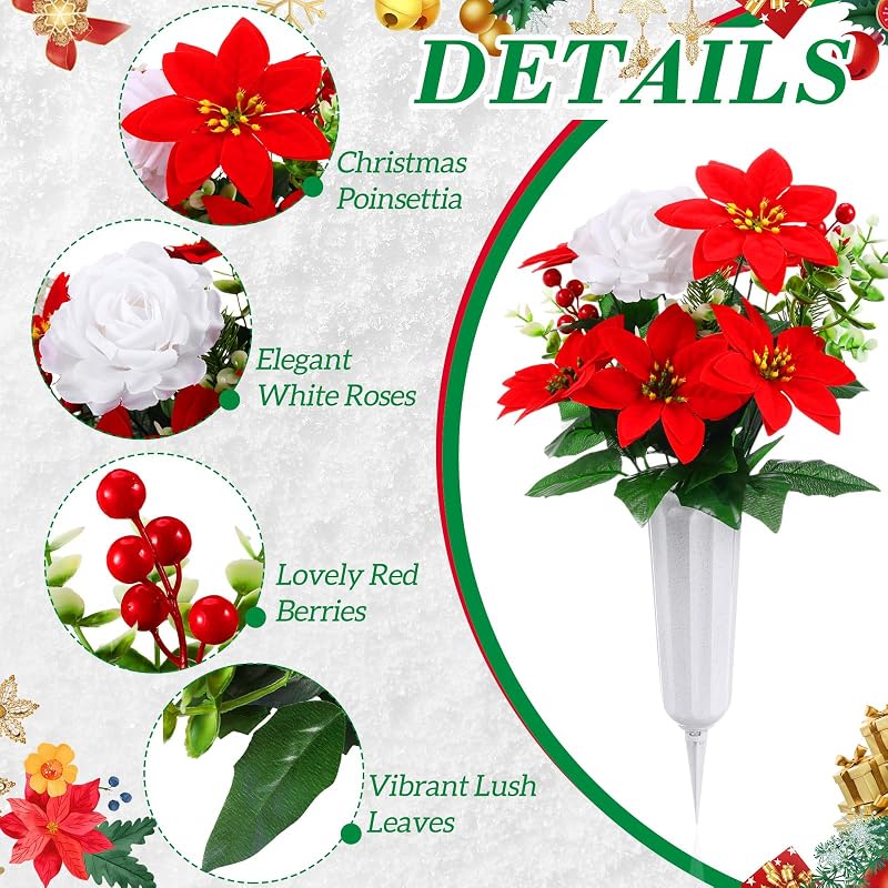 4 Set Christmas Flowers for Cemetery - Artificial Poinsettia with Grave Vase (Variation: 4+Poinsettia)