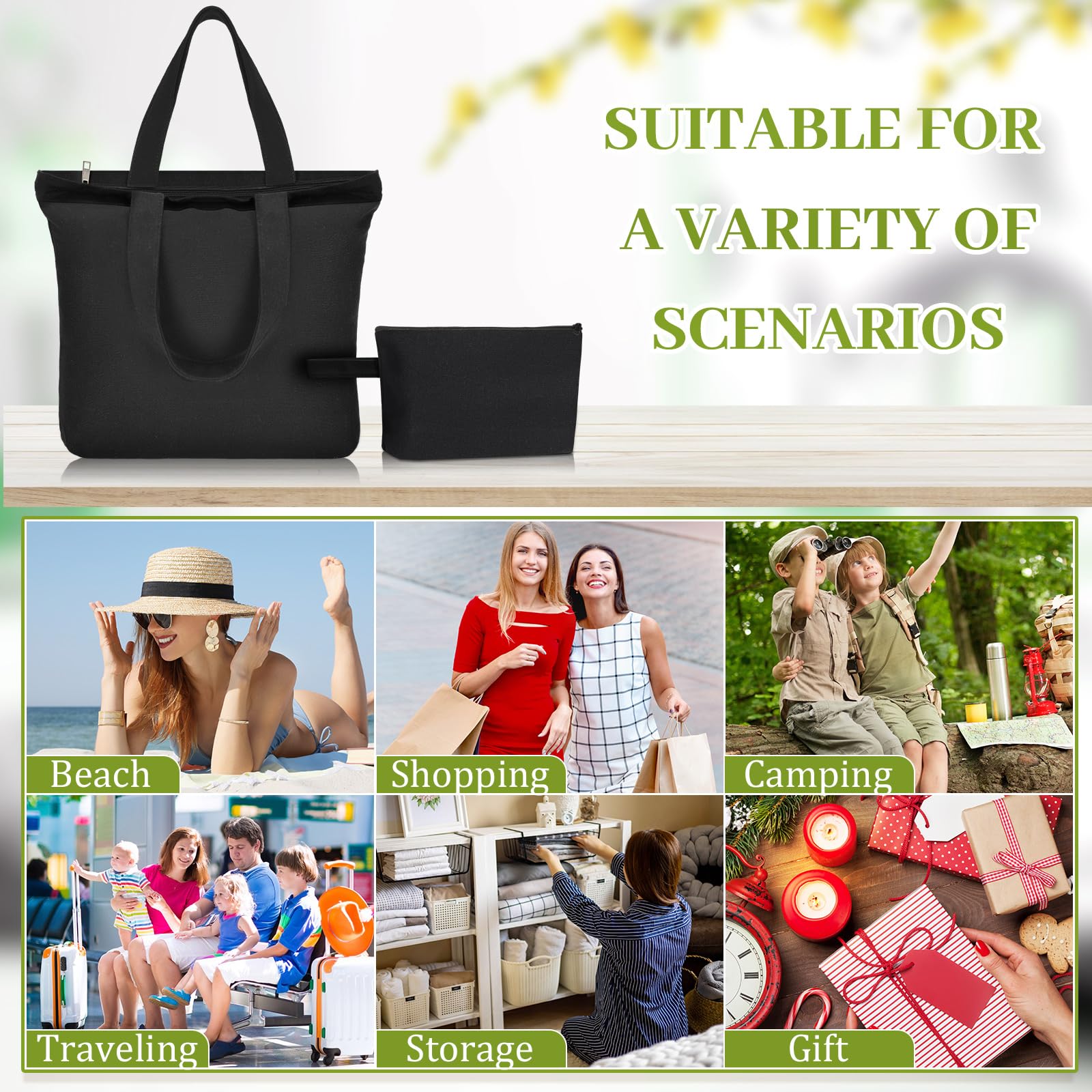Silkfly 30 Pcs Tote Bag with Zipper, Cotton Canvas Makeup Bag Kitchen Reusable Grocery Pouch Blank Canvas Totes with Handles (16.5 x 3.9 x 13 in,Black)