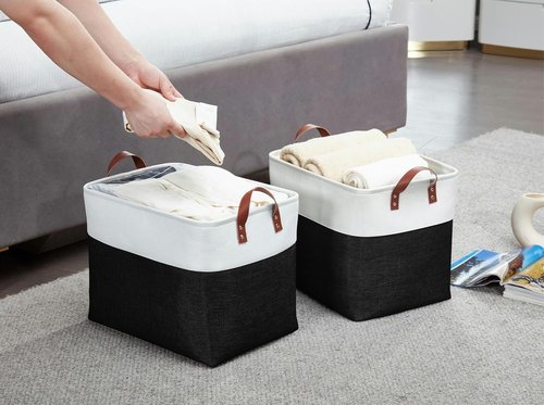 DECOMOMO Extra Large Fabric Storage Baskets - Stylish Organizing Bins with Handles | Black & White, Set of 3