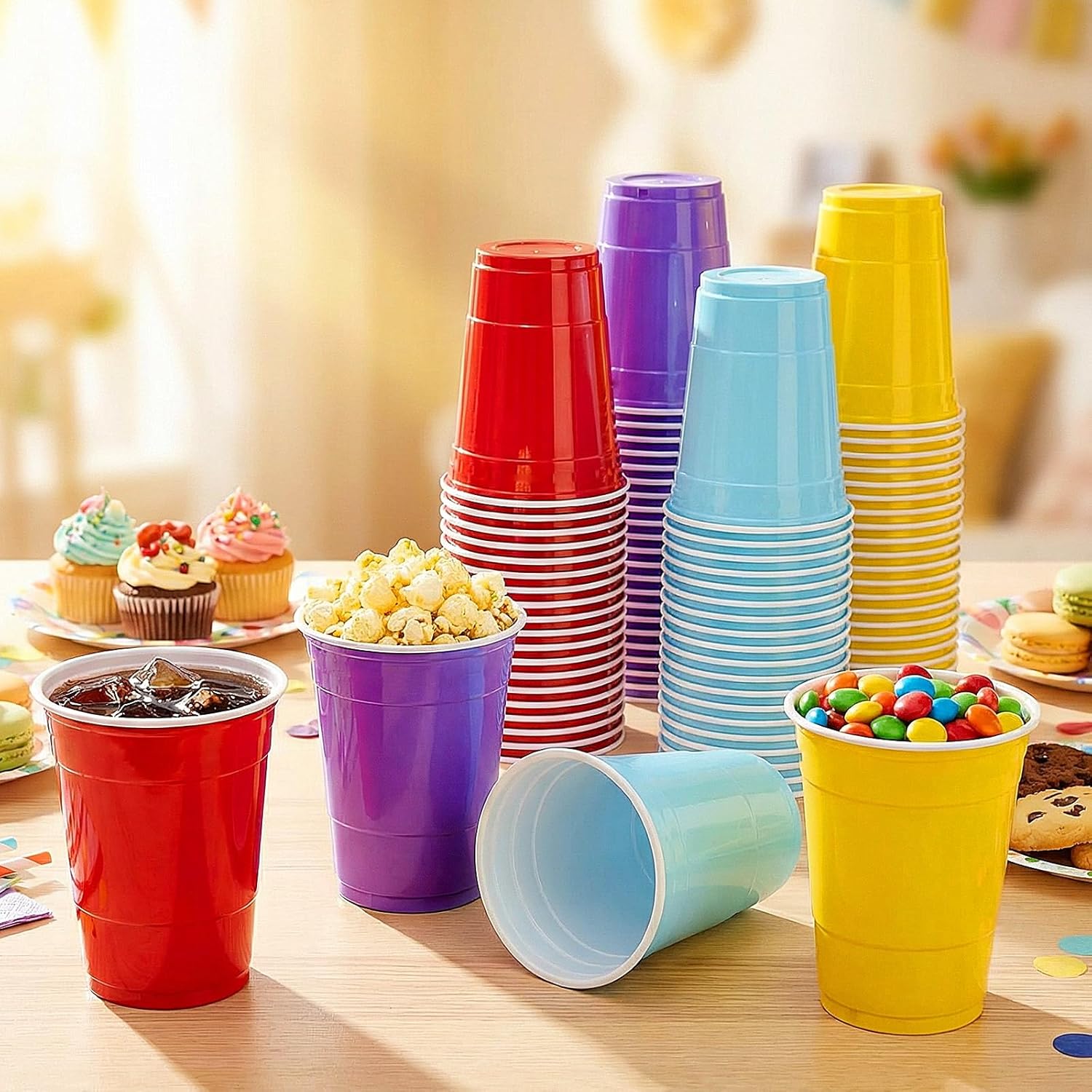 Reallnaive 100 Pcs 12 oz Rainbow Color Disposable Plastic Party Cups - Durable & Lightweight for Events