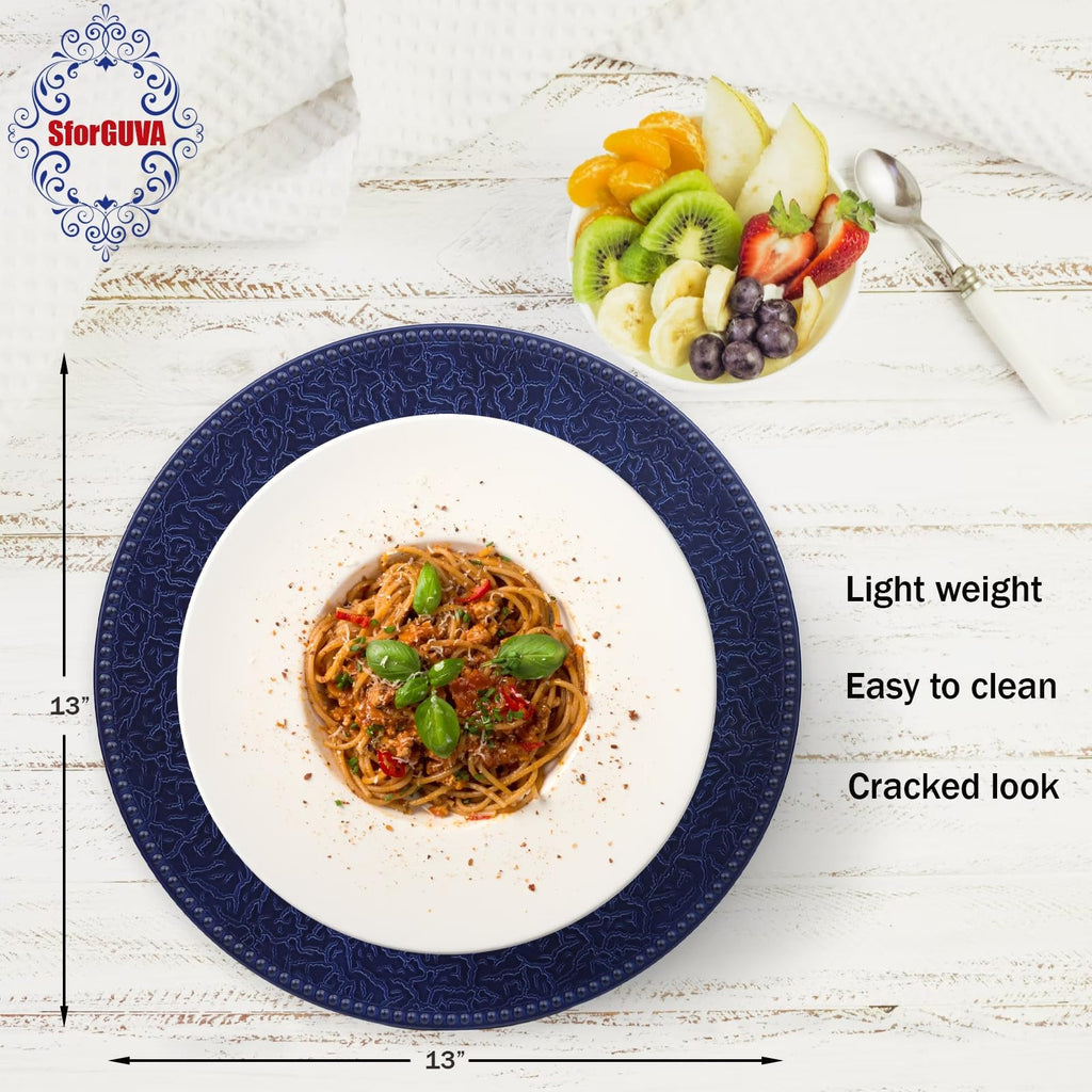 SforGUVA Navy Blue Chargers for Dinner Plates with Beaded Rims, Set of 12 Plastic Bulk Wedding Charger Plates for Thanksgiving, Christmas, Holiday Party Table Setting.