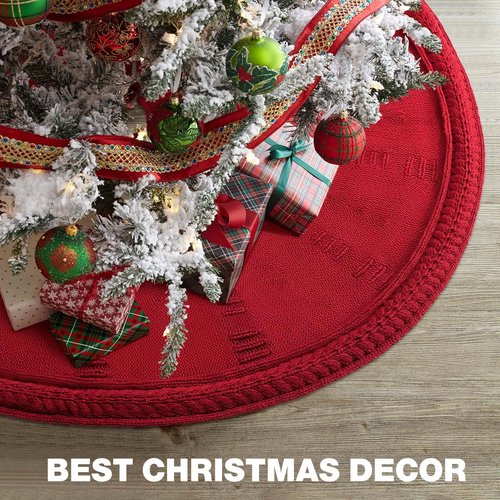 Christmas Tree Skirt 48 Inch Large - Knit Knitted Thick Rustic Tree Skirt Decor for Fall Thanksgiving Day Xmas Holiday Party Winter Farmhouse New Year Decoration Indoor Outdoor(Red)