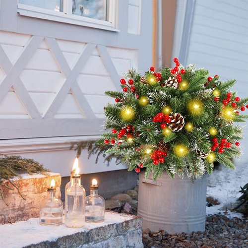 Juegoal Pre-Lit Christmas Tree Urn Filler - Lighted Artificial Pine Trees with 8 Modes & Timer, Battery Powered