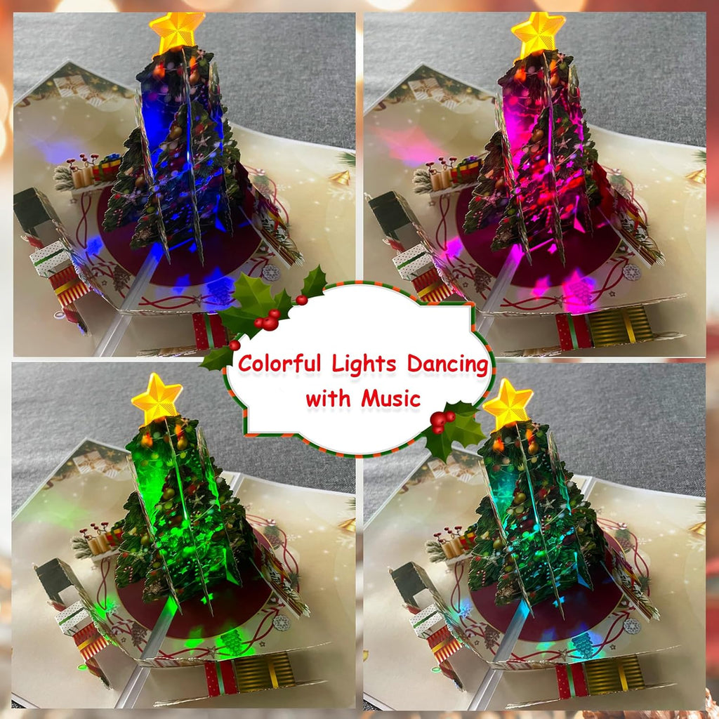 Venhoo Christmas Pop-Up Cards - 3D Musical Greeting Card with Light & Envelopes | Christmas Tree Design