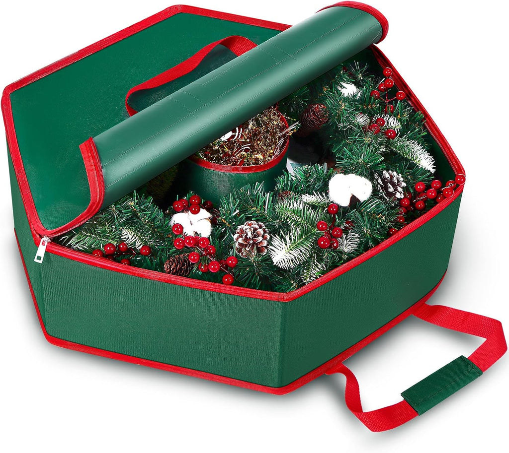 MUDEREK Christmas Wreath Storage Container - 24" Durable Hard Shell Organizer with Pockets & Dual Zipper